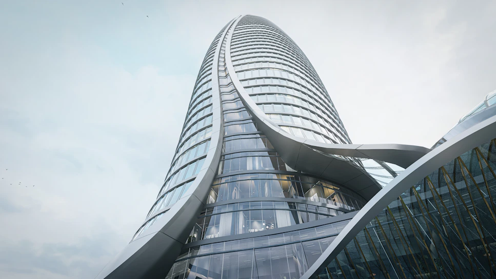 A panoramic view of a sleek modern skyscraper representing a successful real estate project by nexavita.
