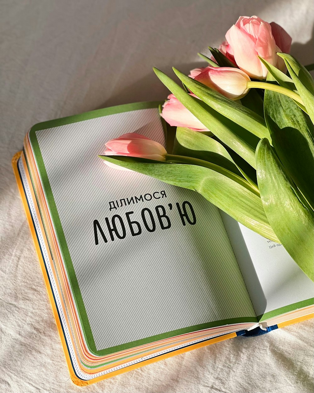 a bouquet of tulips sitting on top of a book