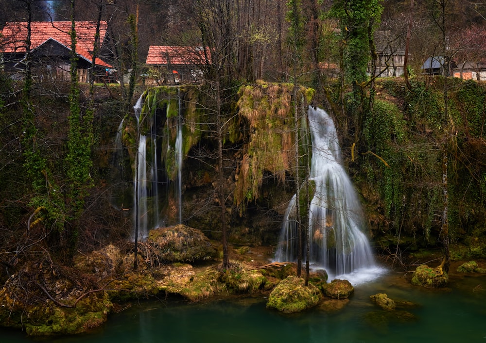 a waterfall in the middle of a forest