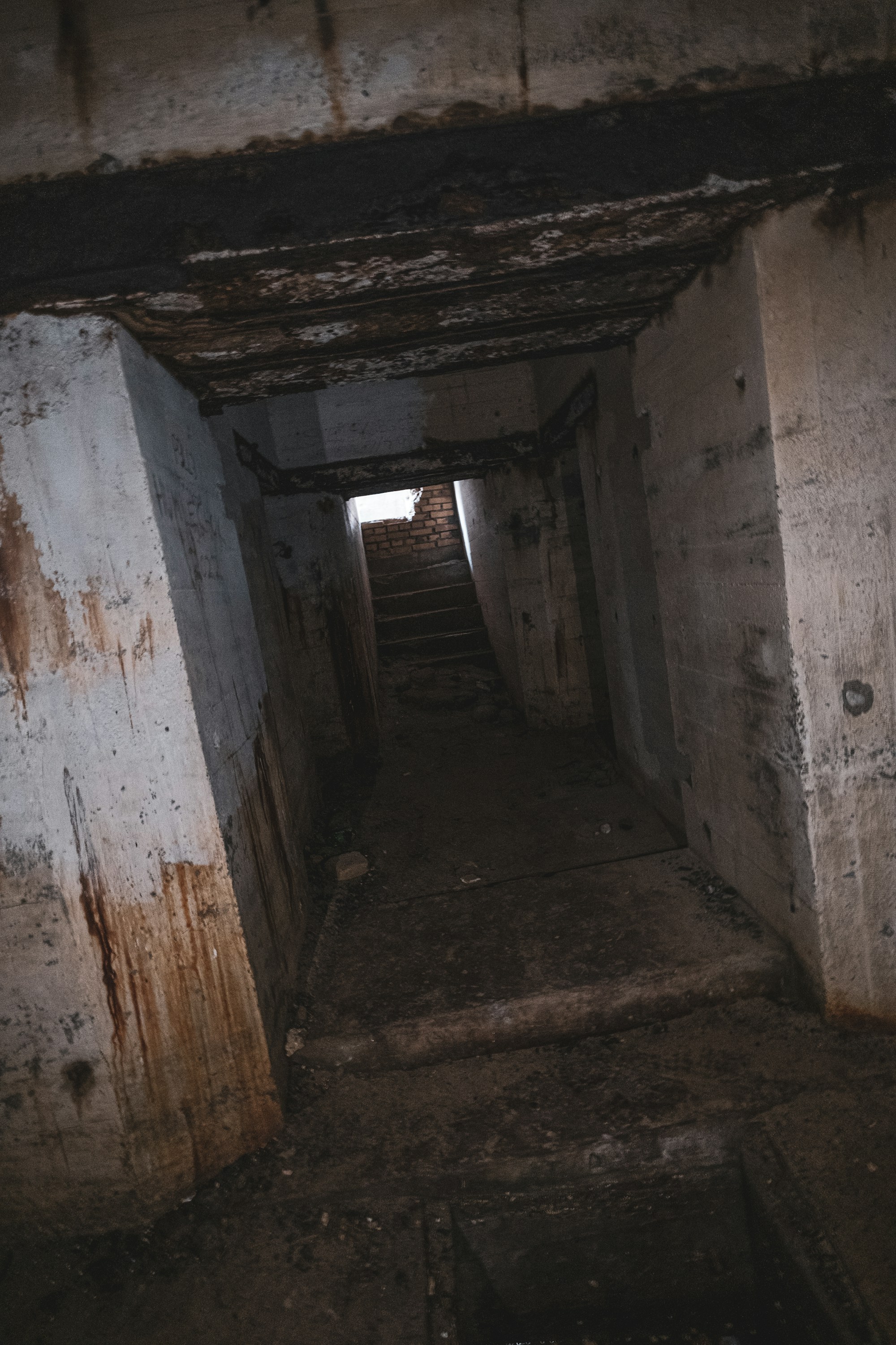 A dim underground bunker hallway with steps leading toward a light source