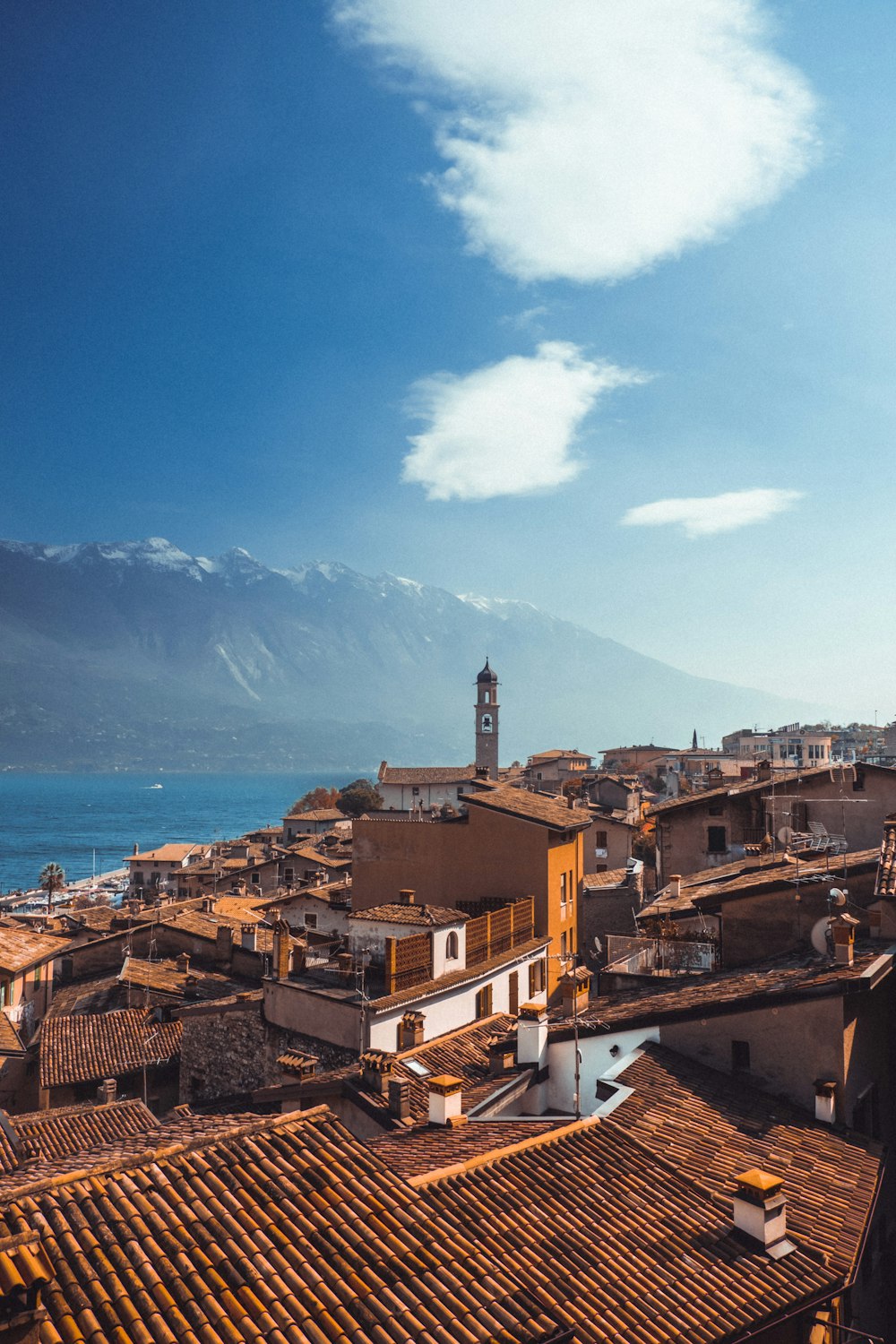 a view of a city with mountains in the background