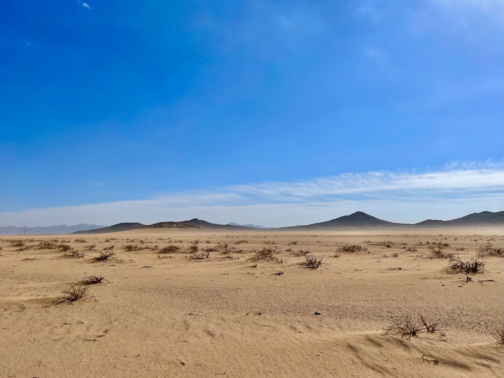 a desert landscape with a few hills in the distance