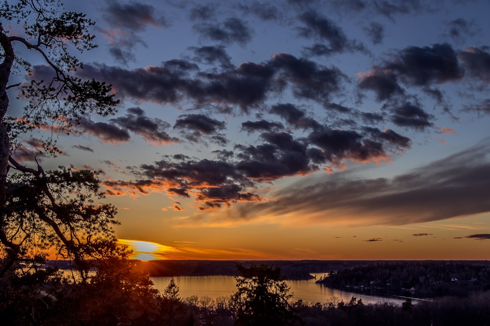 the sun is setting over a body of water