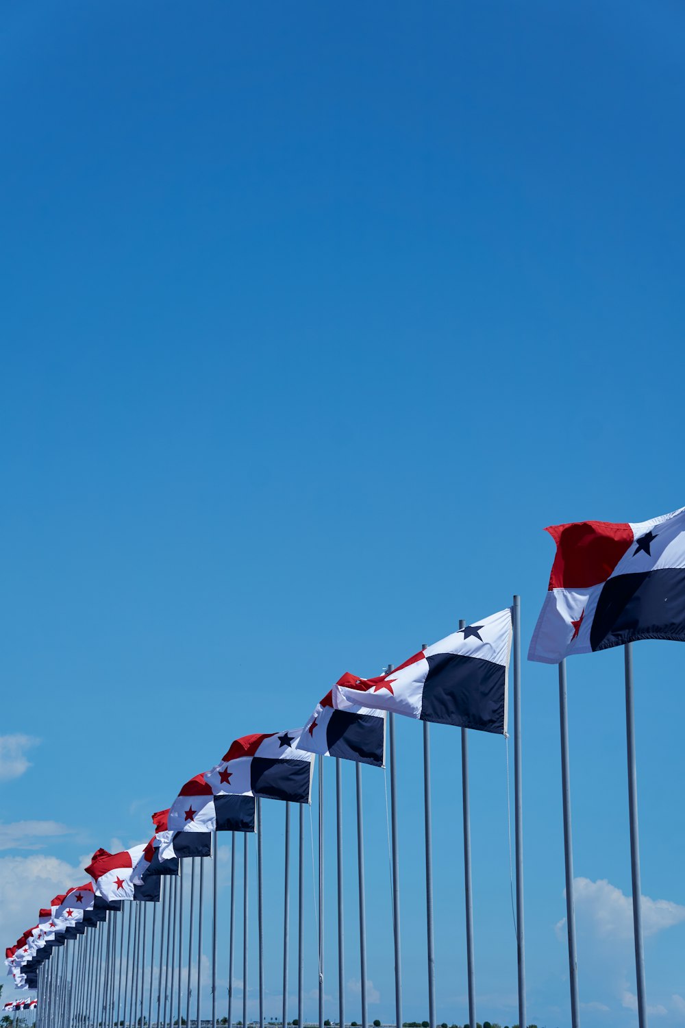 a row of flags with a plane flying in the background