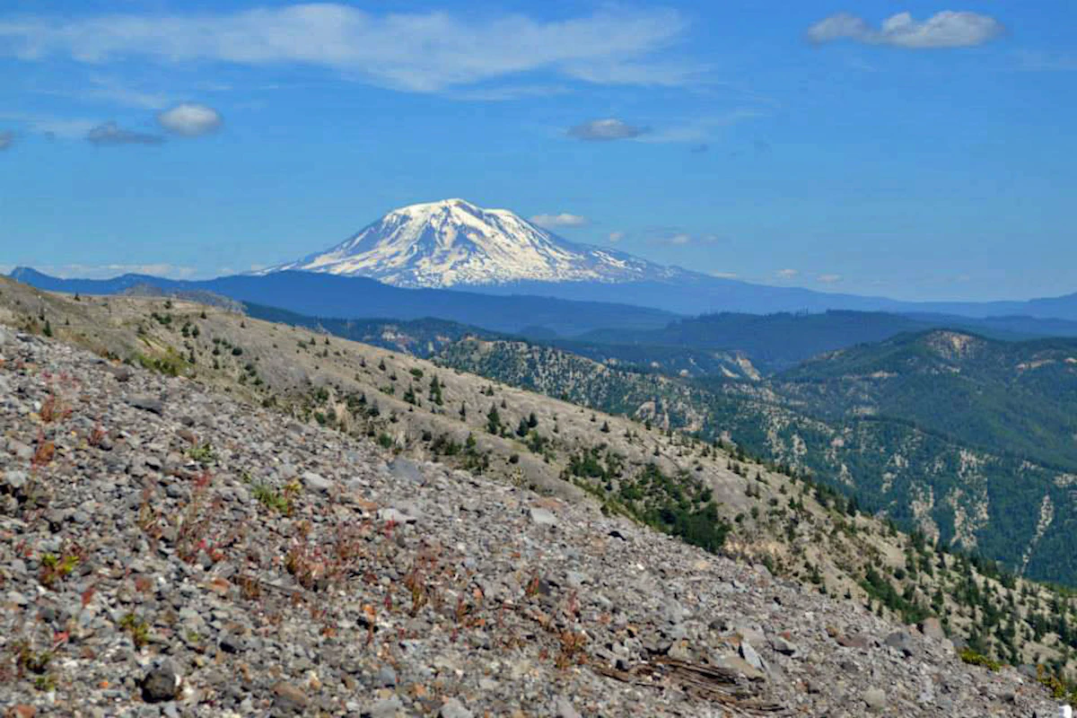 A snow-capped volcano on the horizon, seen across a rocky slope in Mount St. Helens National Volcanic Monument