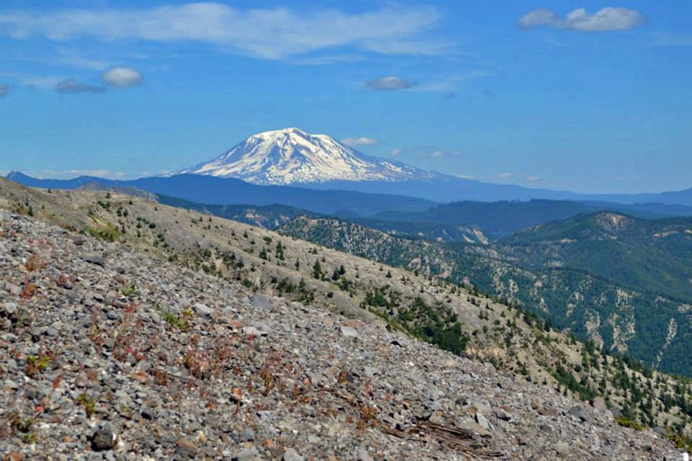 a view of a snow capped mountain from the top of a hill