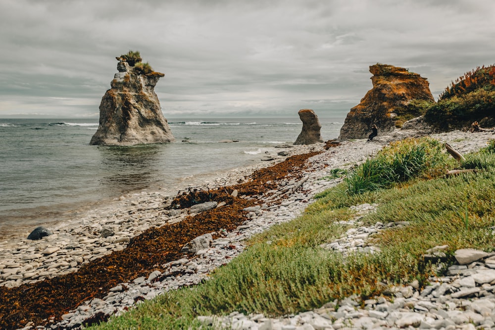 a rocky beach with a rock formation in the distance