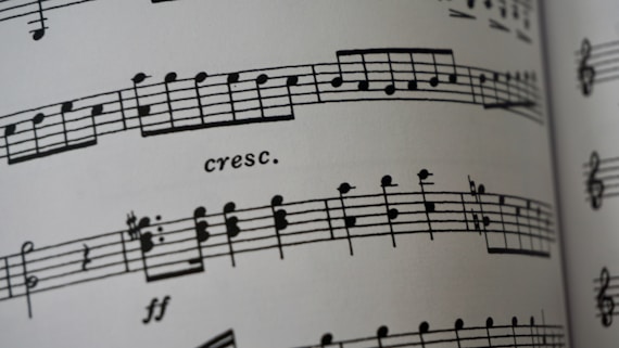 a close up of a book with musical notes