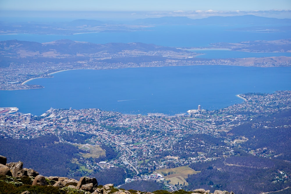 a view of a large body of water from a mountain