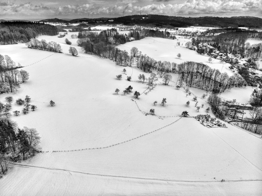 a black and white photo of a snowy field