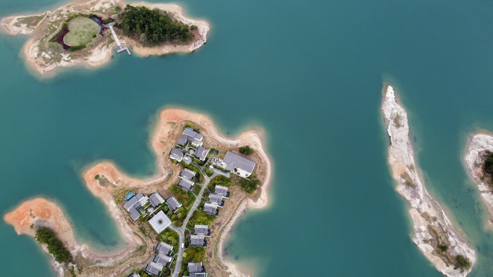 an aerial view of an island in the ocean