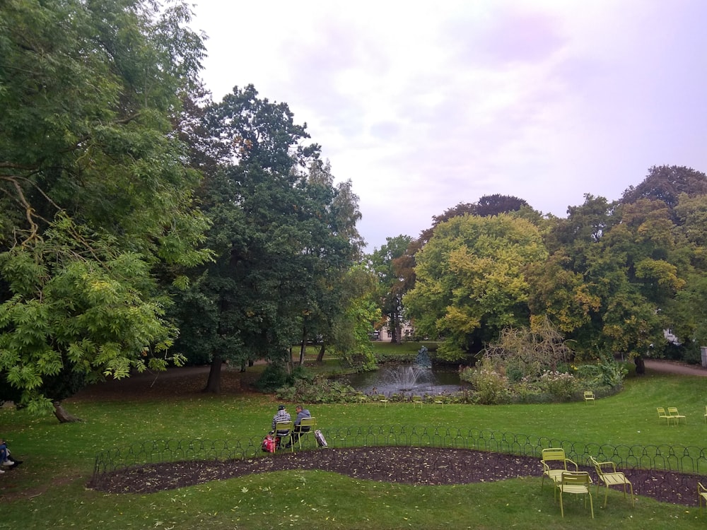 a couple of people sitting on top of a lush green field