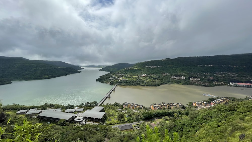 a scenic view of a lake surrounded by mountains