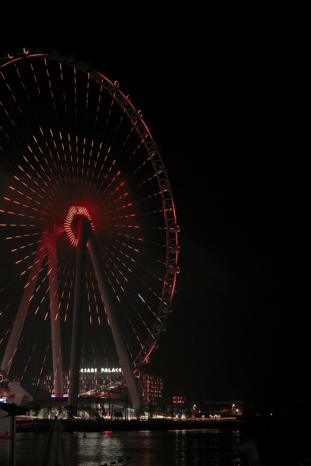 a large ferris wheel lit up at night