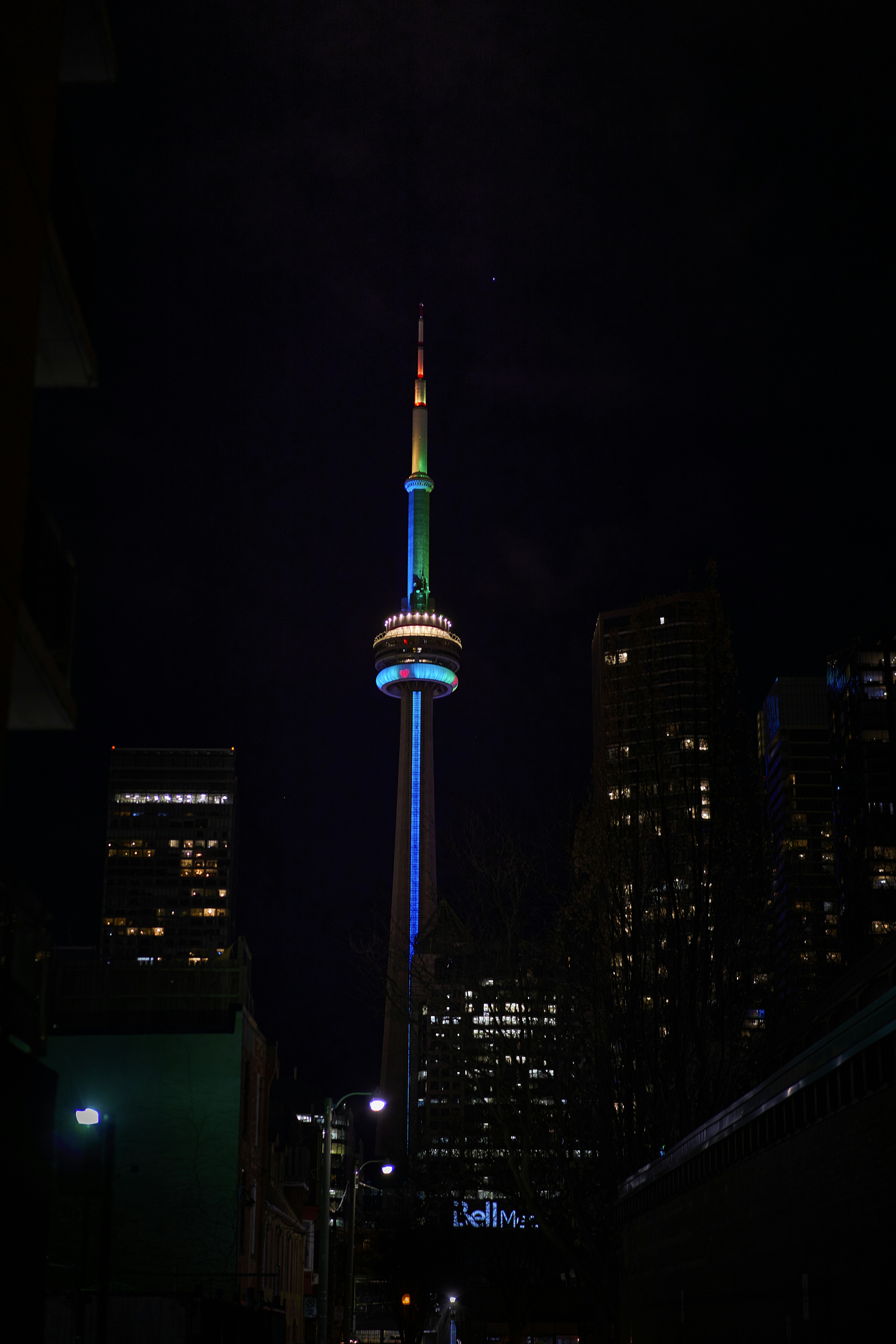 a tall tower lit up in the night sky