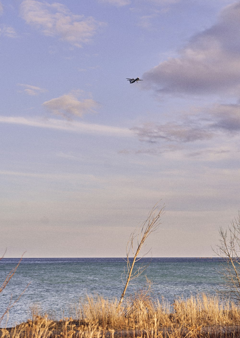 a plane flying over a body of water