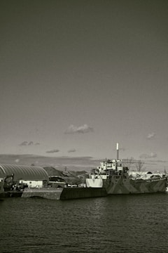 A large industrial ship docked beside a concrete barrier in a harbor setting. The ship features a smokestack and appears to have a camouflaged pattern on its hull. Surrounding the dock are other industrial structures and equipment, partially visible hills, and a partially cloudy sky overhead.