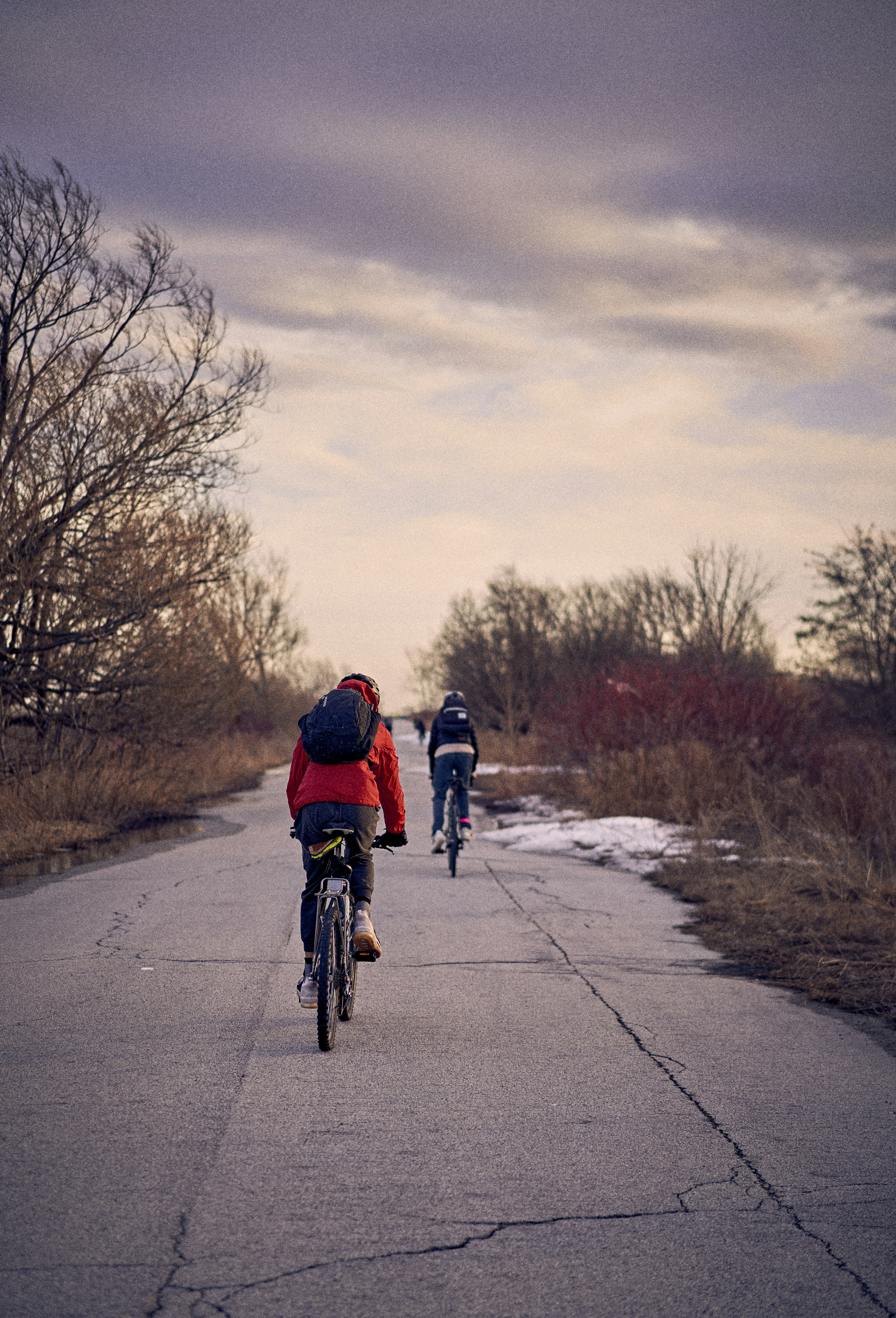 a couple of people riding bikes down a road