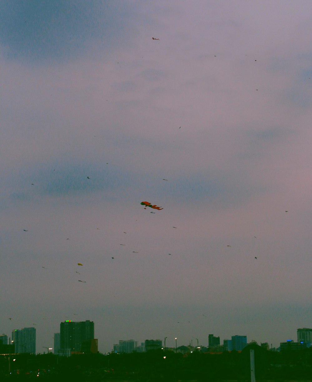a group of kites flying in the sky over a city