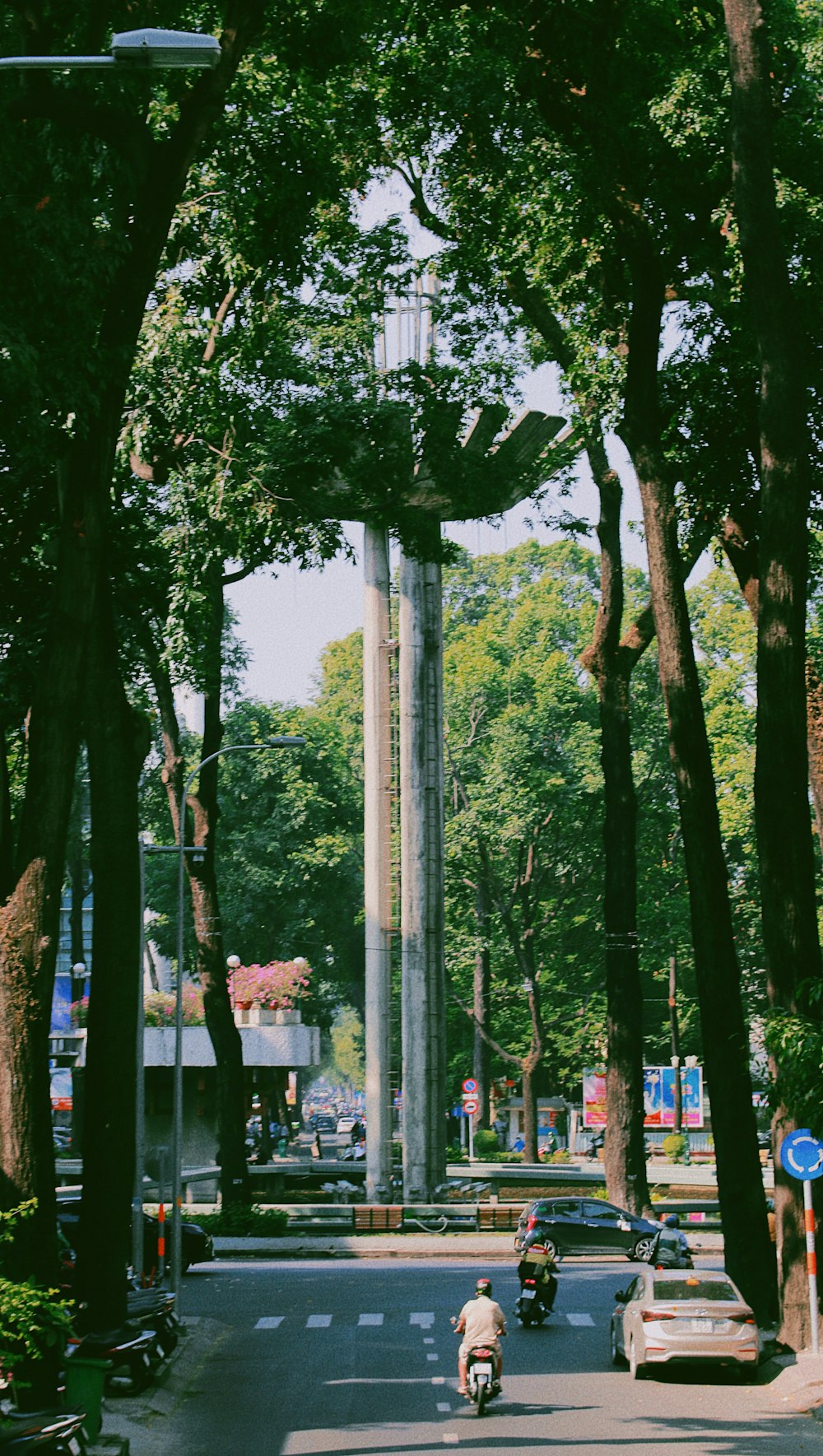 a man riding a motorcycle down a street next to tall trees