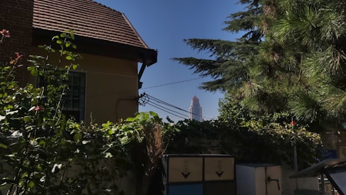 Wide shot of a house with a freshly renovated tiled roof under clear blue sky