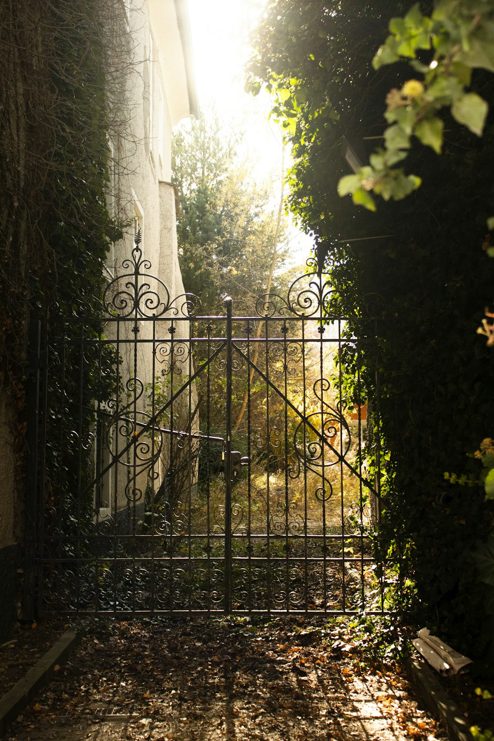 a gate that is open to a garden