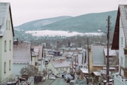 a town with a mountain in the background