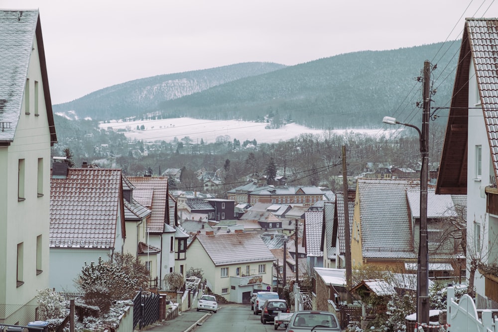 a town with a mountain in the background