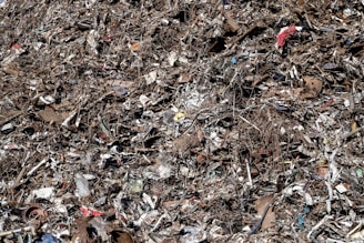 a pile of garbage with a red fire hydrant in the middle of it