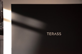 A large black sign with the text 'TERASS' written in white, capital letters is displayed. The sign features a minimalist design and is positioned against a light background with shadows cast diagonally across the surface.