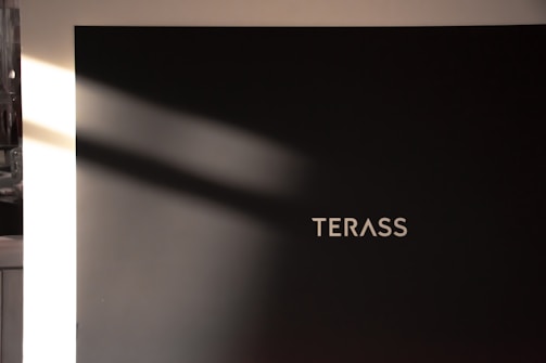 A large black sign with the text 'TERASS' written in white, capital letters is displayed. The sign features a minimalist design and is positioned against a light background with shadows cast diagonally across the surface.
