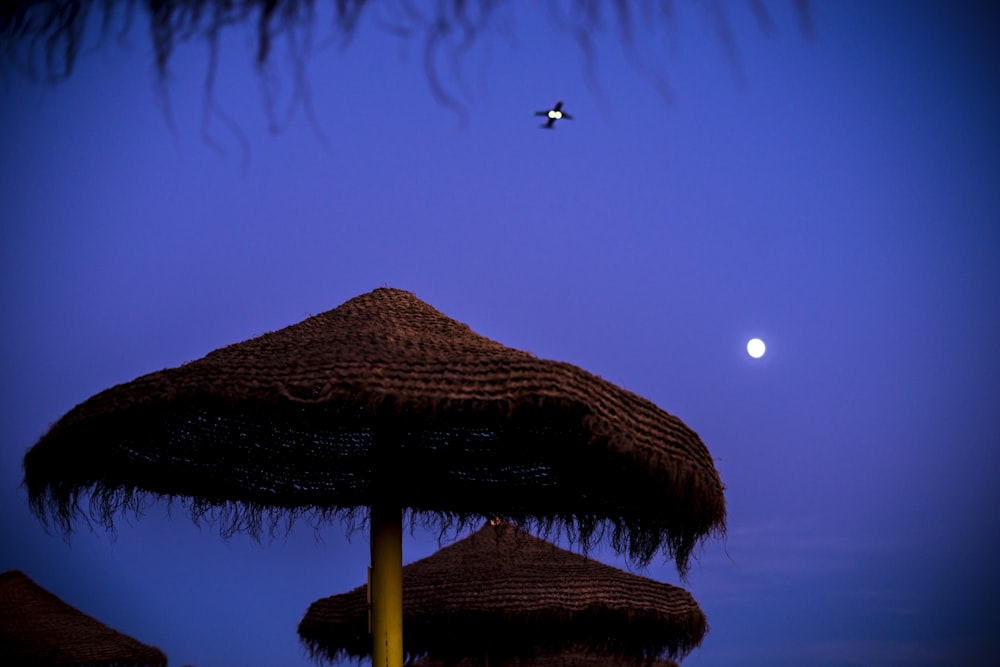 a full moon is seen behind straw umbrellas