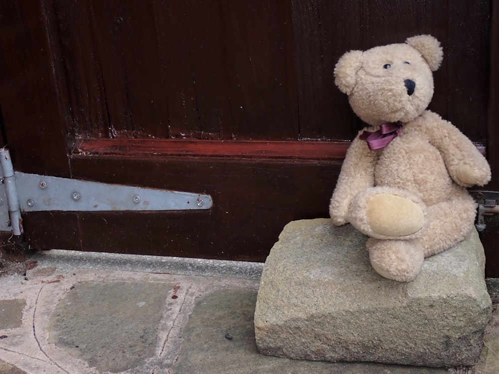 a teddy bear sitting on a rock in front of a door