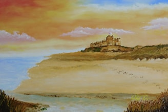 a painting of a castle on top of a hill