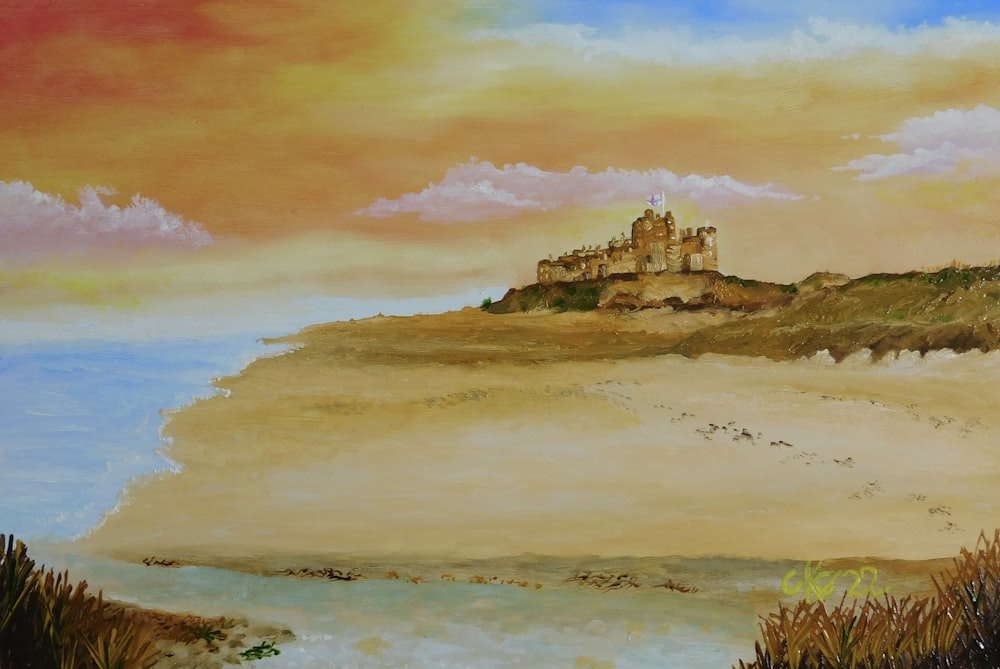 Una pintura de un castillo en la cima de una colina