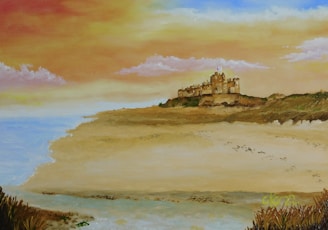 a painting of a castle on top of a hill