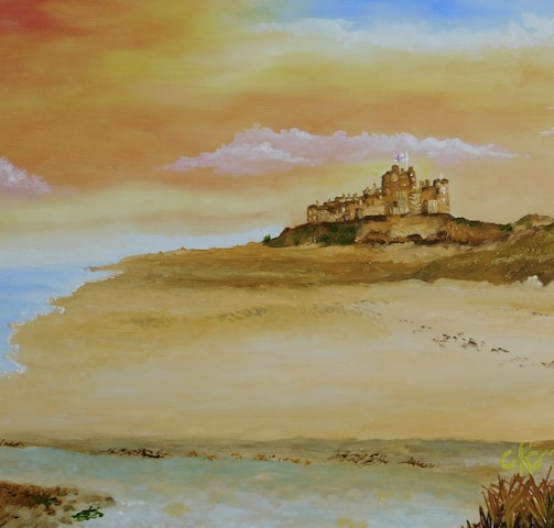 a painting of a castle on top of a hill