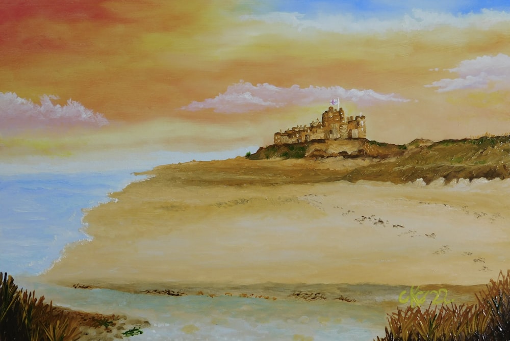 a painting of a castle on top of a hill