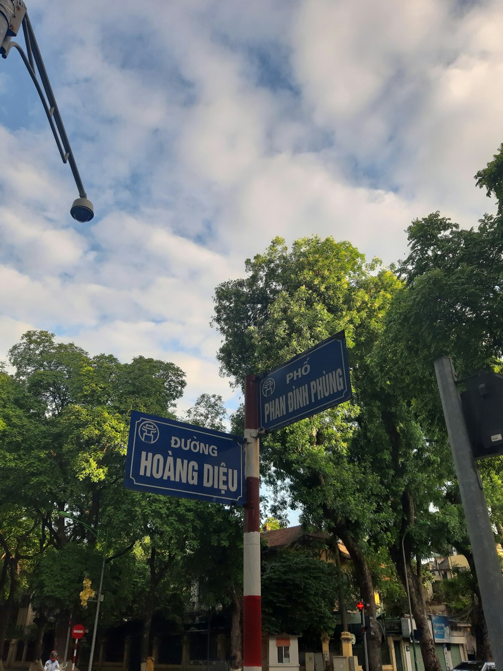 a pole with two blue street signs on it