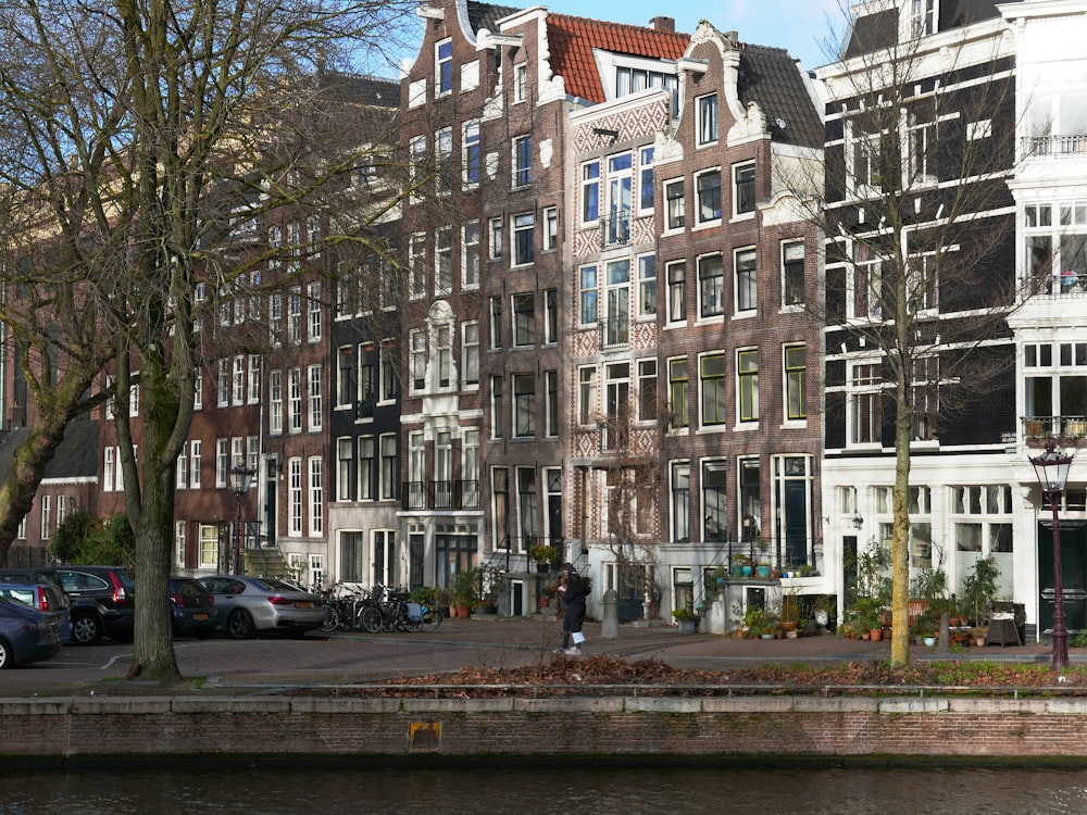 a row of buildings next to a body of water