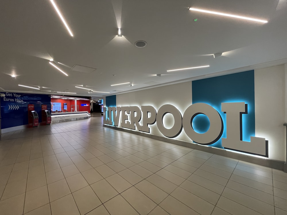 a lobby with a large sign that says liverpool