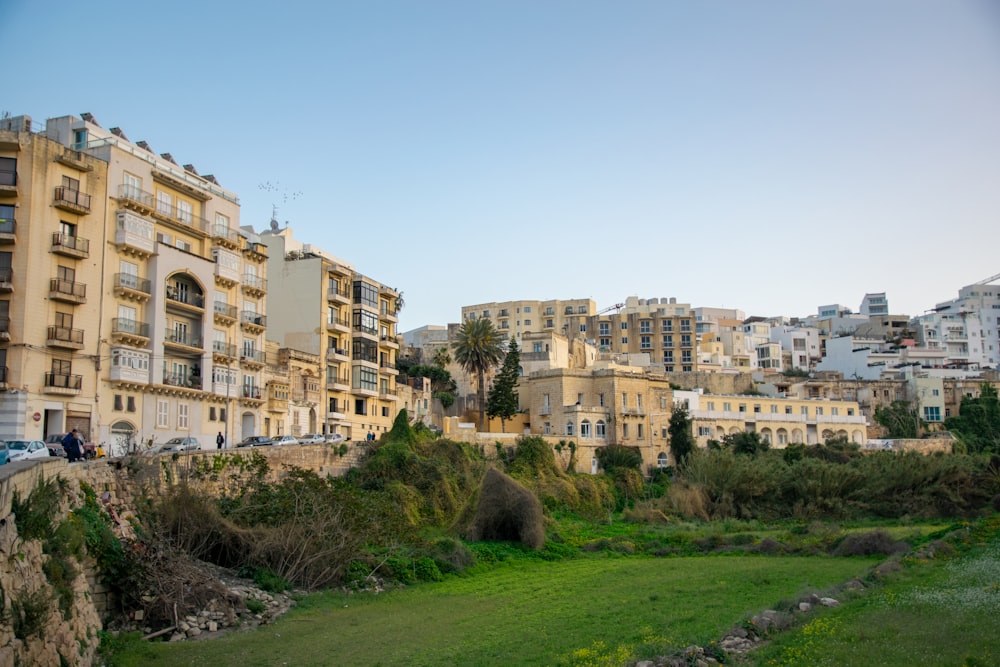 un campo de hierba frente a algunos edificios