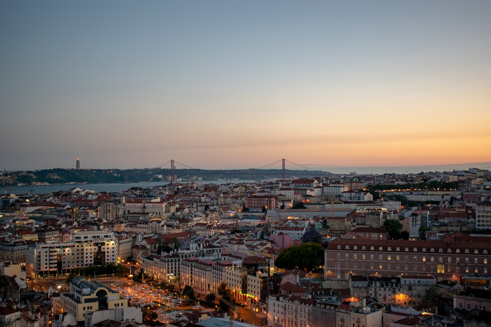 a view of a city with a bridge in the distance