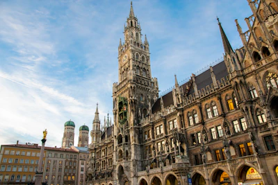 The gothic tower of the Neues Rathaus on Marienplatz in Munich