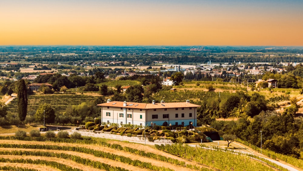 an aerial view of a house in the middle of a vineyard