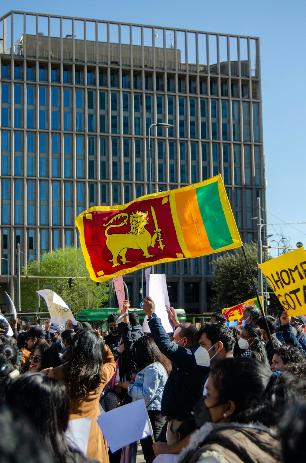 a large group of people holding flags and signs
