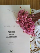 A book titled 'Flores para Algernon' is positioned next to a bouquet of small pink flowers. The cover displays the author's name, Daniel Keyes, and the translator's name, Luisa Geisler. The book lies on a lacy, white crochet tablecloth, creating a contrast with the vibrant flowers.