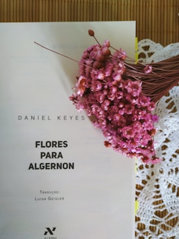 A book titled 'Flores para Algernon' is positioned next to a bouquet of small pink flowers. The cover displays the author's name, Daniel Keyes, and the translator's name, Luisa Geisler. The book lies on a lacy, white crochet tablecloth, creating a contrast with the vibrant flowers.