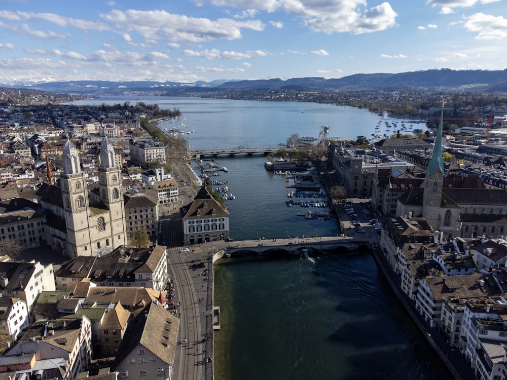 an aerial view of a city with a river running through it