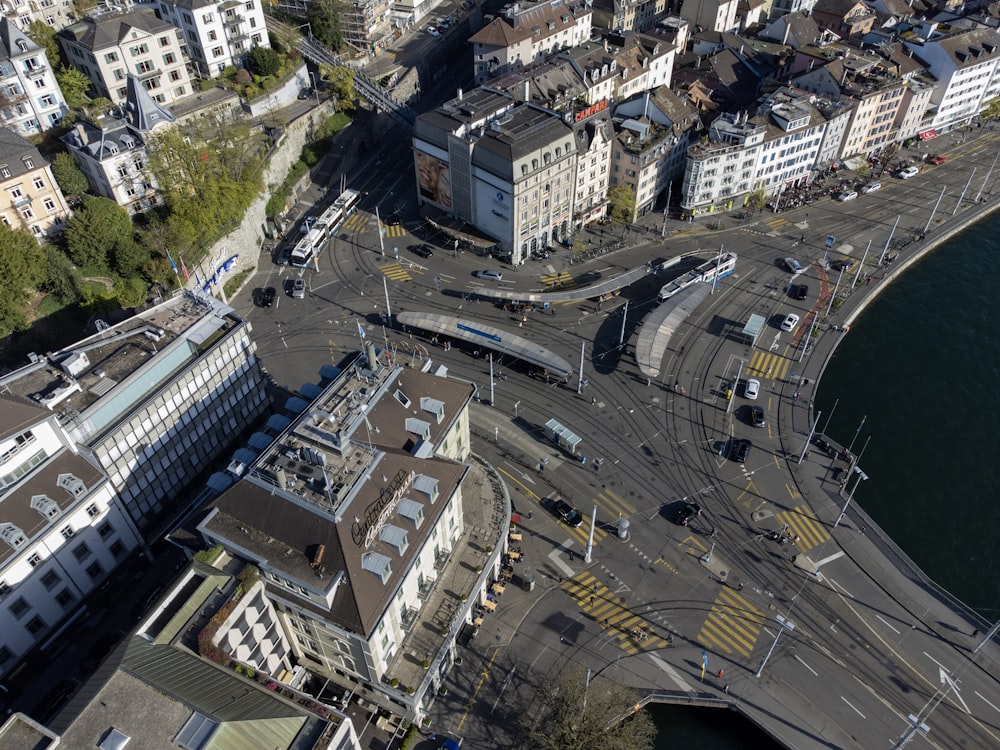 an aerial view of a street intersection in a city
